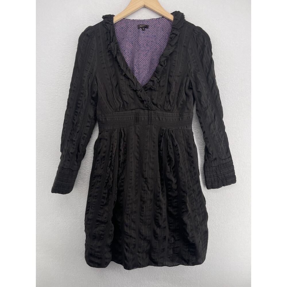 TOCCA Dress 4 Seersucker Crinkle Polka Dot Lined Long Sleeve Fit & Flare Black